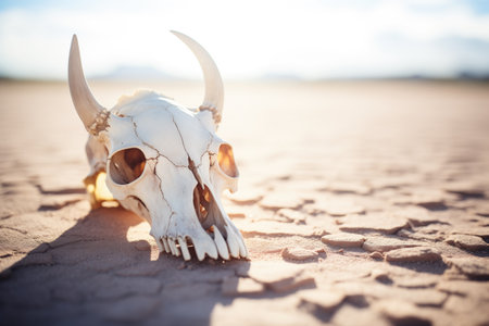 sun-bleached animal skull amidst cracked desert soilの素材