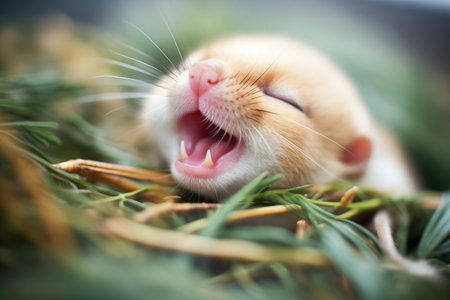 a dormouse yawning in a bed of pine needlesの素材