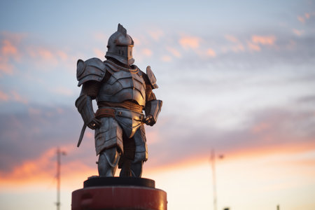 solitary knight statue in full armor at duskの素材