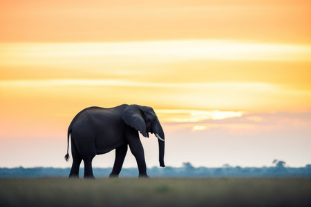 single elephant silhouette against a sunset in the savannahの素材