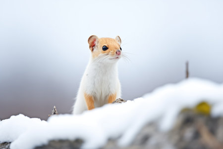 ermine perched atop a snow-covered rockの素材