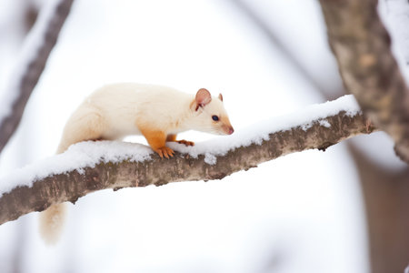 ermine silhouette on a snow-covered tree branchの素材