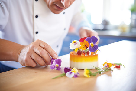 chef garnishing flan with edible flowers in the kitchenの素材