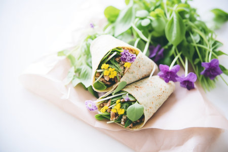 flaxseed wraps with fresh herbs, arranged as a wrap bouquetの素材