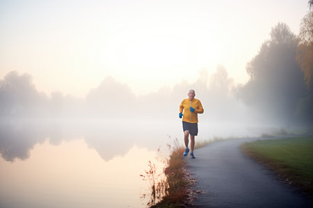 early morning jogger on path beside foggy lakeの素材