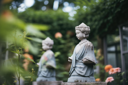weathered statues in manors overgrown gardenの素材