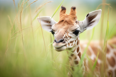 newborn giraffe calf lying in tall grassの素材