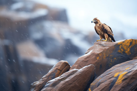 golden eagle perched atop a craggy cliffsideの素材