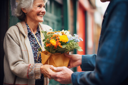 woman gifting a man a basket of mixed flowersの素材