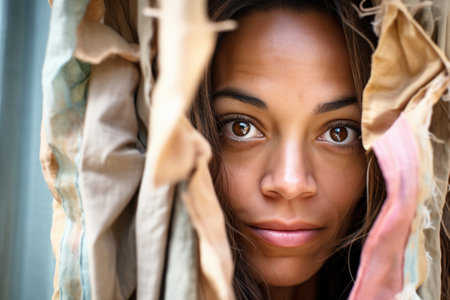 face peering through tattered curtainsの素材