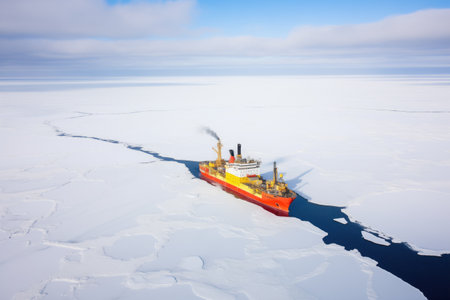 icebreaker viewed from air with open water trailの素材