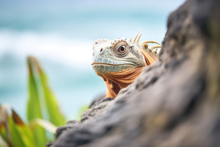 iguana peeking over the edge of a cliffの素材