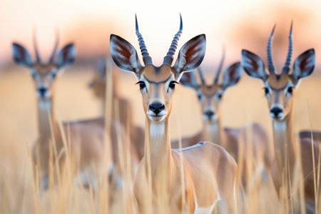 group of impalas alert, ears pricked, at duskの素材