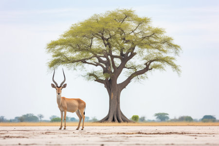 impala standing alone framed by acacia treeの素材