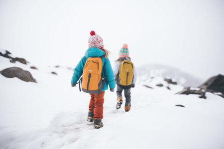 kids with backpacks on snowy mountain trekの素材