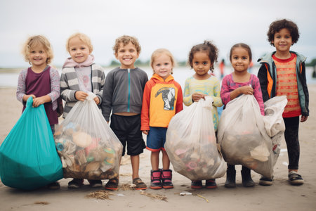 group photo of kids with sacks full of collected beach trashの素材
