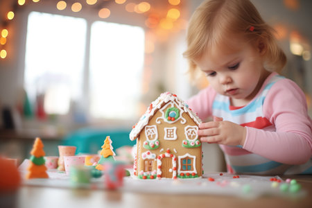 little one decorating gingerbread house with icingの素材