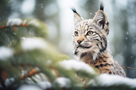 snow-covered pine trees framing lynxの素材