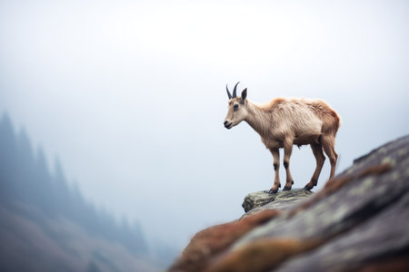 mountain goat standing near cliffs edge with fog belowの素材