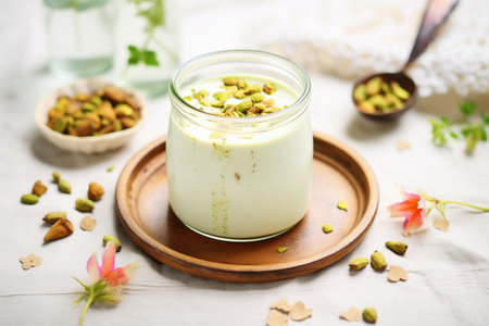 homemade pistachio milk with mortar and pistachiosの素材