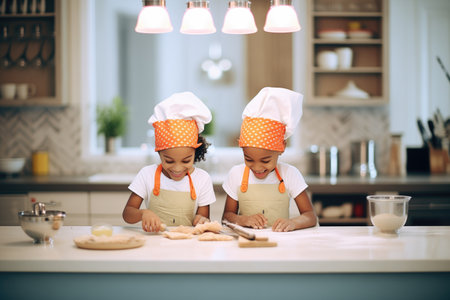 young siblings baking cookies together in kitchenの素材