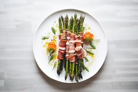 sliced, grilled prosciutto-wrapped asparagus arranged artistically on a round plateの素材