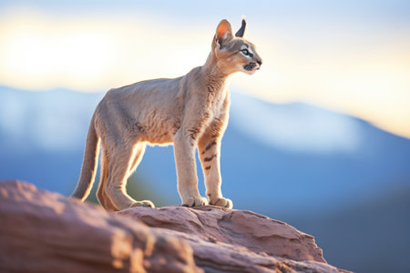 sunlit puma on mountaintop at duskの素材