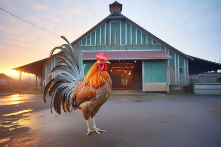 rooster crowing at sunrise behind a barnの素材
