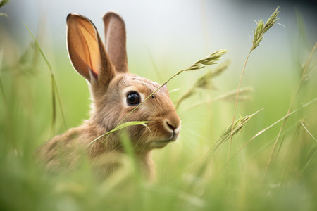 brown rabbit with tall ears nibbling grassの素材