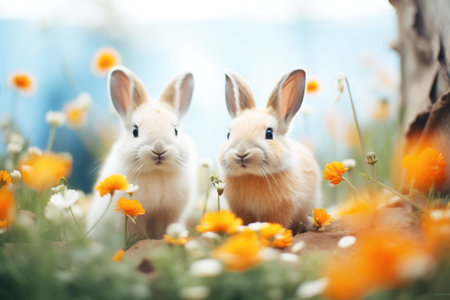 rabbits surrounded by wildflowers in bloomの素材