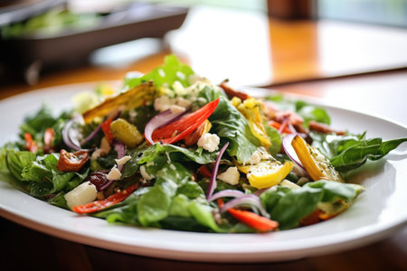 mixed greens with roasted veggies, sprinkle of feta, close-upの素材