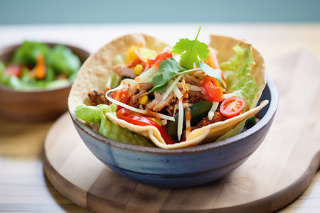 spicy taco salad in a tortilla bowl with cheeseの素材