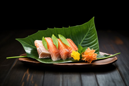 mixed sashimi on a leaf, soft lighting creating a fresh vibeの素材