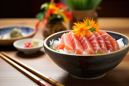 sashimi slices fanned around steamed rice in a lacquered bowlの素材