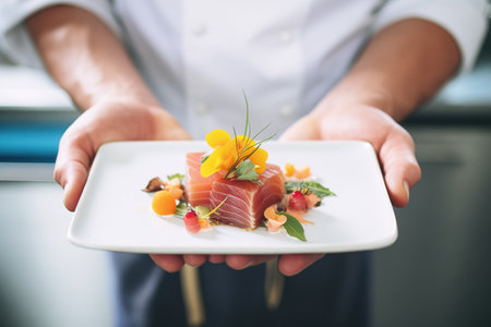 chefs hands presenting a sashimi dishの素材