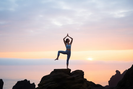 yoga pose silhouette on a cliff at dawnの素材