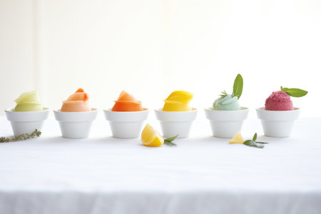 row of assorted sorbet flavors in small bowlsの素材