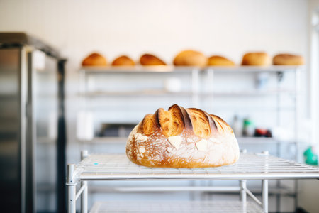 whole sourdough loaves cooling on a wire rack in a bakeryの素材