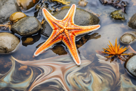 starfish lying near the reflective surface of a tide poolの素材