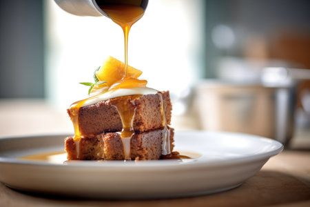 macro shot of toffee sauce dripping on top of sticky puddingの素材