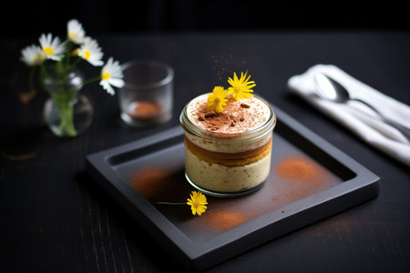 tiramisu dusted with cocoa on a dark slate boardの素材
