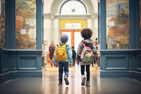 kids with backpacks entering a museumの素材
