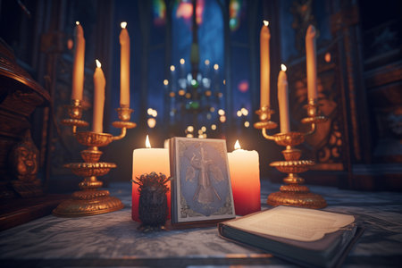 grimoire surrounded by lit pillar candles in the nightの素材