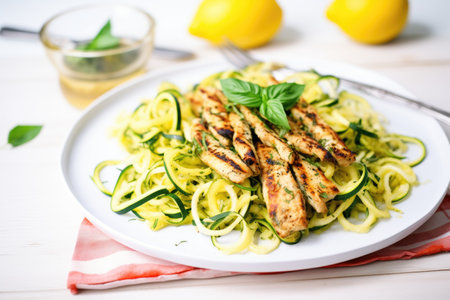 grilled chicken strips over zucchini noodles on a square plateの素材