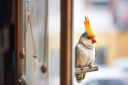 cockatiel near a window, reflection visibleの素材