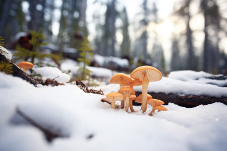 winter mushrooms peeking through a snowy forest floorの素材