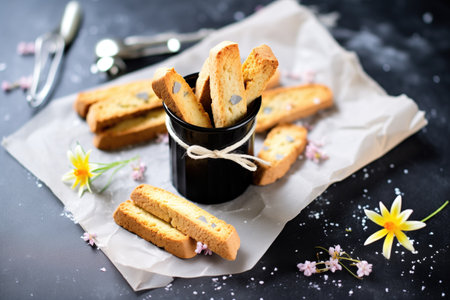 gluten-free biscotti on slate with labelの素材