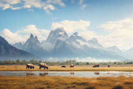 bison herd roaming with mountain backdropの素材