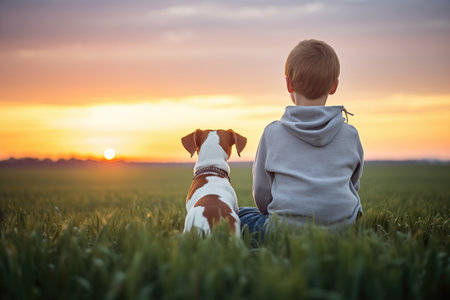 boy and his dog watching the sunrise over a fieldの素材