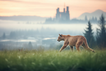 dawn light on a cougar stalking through a misty valleyの素材